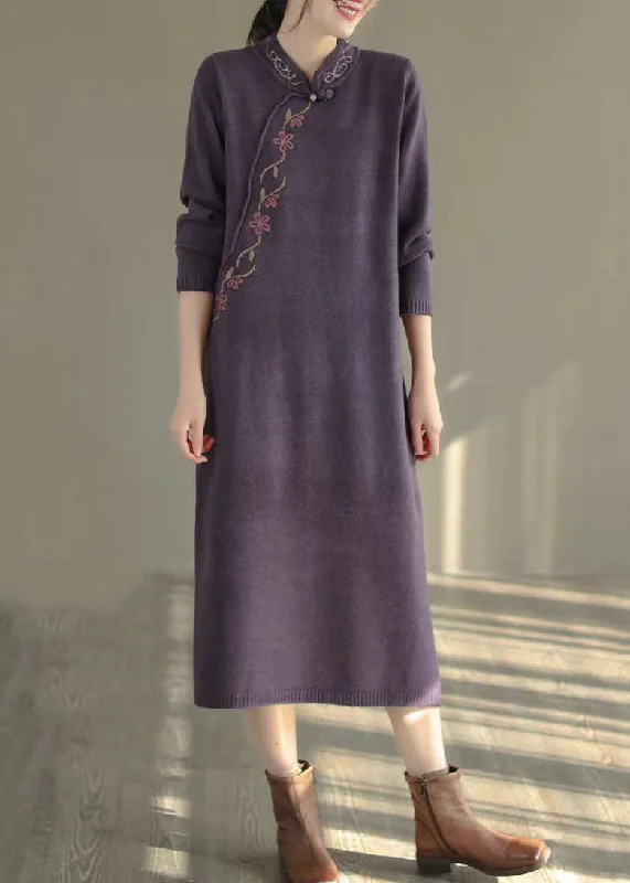 Plus Size Women's Long Sleeve Cable Knit Sweater DressesWomen Purple Stand Collar Embroideried Knit Sweater Dress Winter Plus Size Women's Long Sleeve Cable Knit Sweater DressesWomen Purple Stand Collar Embroideried Knit Sweater Dress Winter