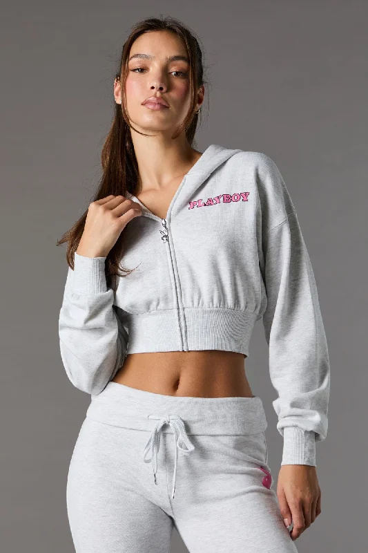 Women's hoodie with a kangaroo pocket and a pom - pom drawstring for added charmPlayboy Graphic Cropped Zip-Up Fleece Hoodie Women's hoodie with a kangaroo pocket and a pom - pom drawstring for added charmPlayboy Graphic Cropped Zip-Up Fleece Hoodie