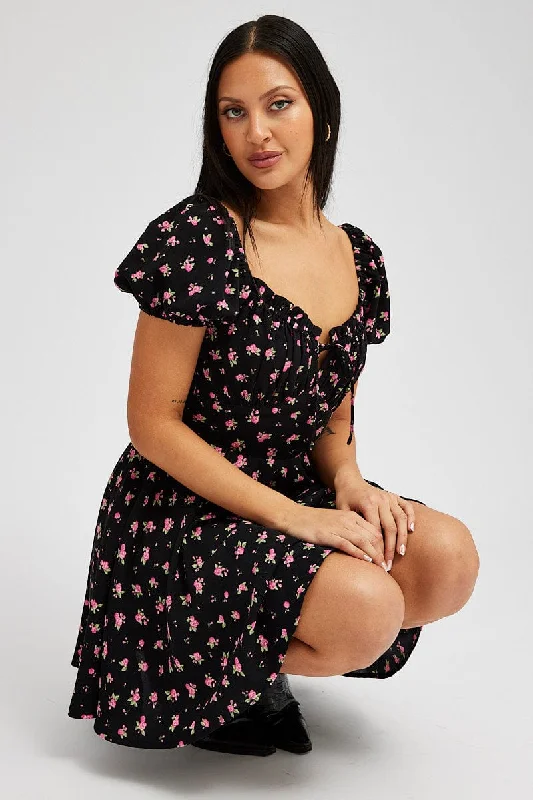 Ball Gown Women Dress with a Full Skirt for a Princess - like LookBlack Floral Fit And Flare Dress Puff Sleeve Mini Ball Gown Women Dress with a Full Skirt for a Princess - like LookBlack Floral Fit And Flare Dress Puff Sleeve Mini