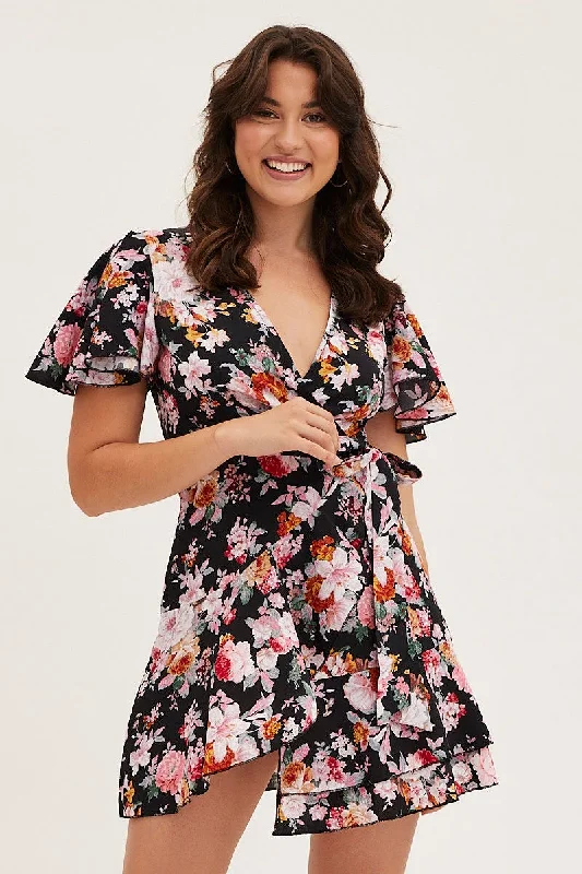 Printed Abstract Women Dress for a Modern and Artistic AppealBlack Floral Wrap Mini Dress
