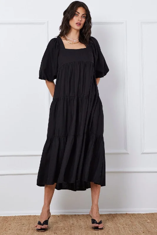 Empire Waist Women Dress to Accentuate the Bust and Conceal the WaistBlack Midi Dress Short Sleeve Square Neck