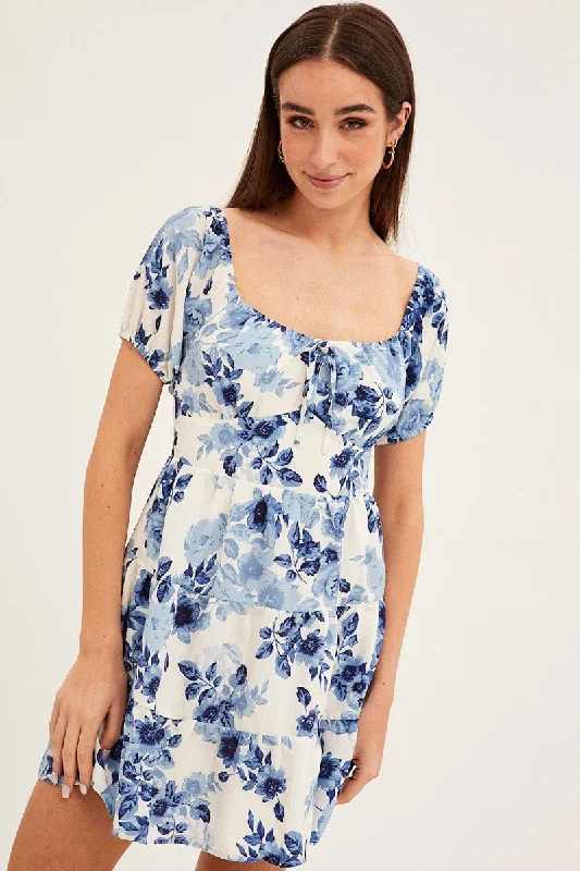 Wrap - Style Women Dress with Adjustable Fit for All Body TypesBlue Floral Fit And Flare Dress Short Sleeve Round Neck Wrap - Style Women Dress with Adjustable Fit for All Body TypesBlue Floral Fit And Flare Dress Short Sleeve Round Neck