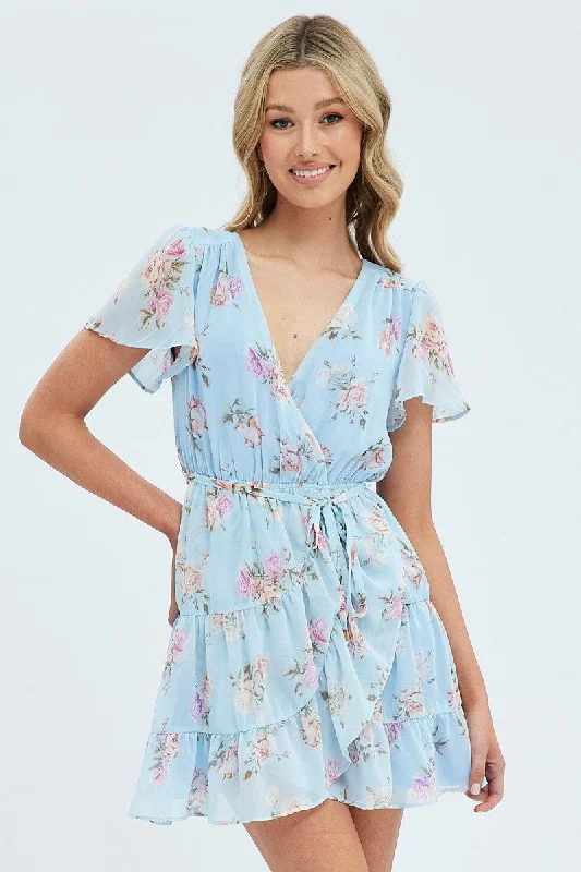 Printed Abstract Women Dress for a Modern and Artistic AppealBlue Floral Fit And Flare Dress Short Sleeve Wrap Chiffon Printed Abstract Women Dress for a Modern and Artistic AppealBlue Floral Fit And Flare Dress Short Sleeve Wrap Chiffon