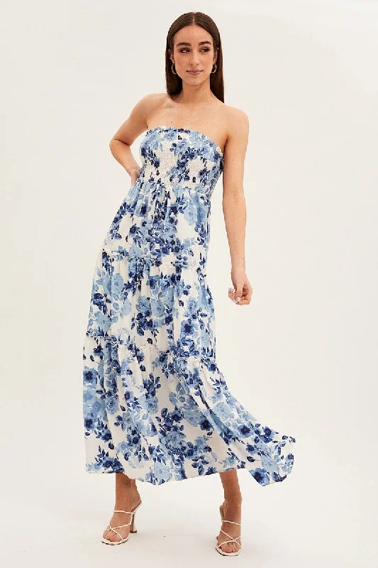 Mini Women Dress with a Short Hem for a Young and Trendy StyleBlue Floral Maxi Dress Shirred Bust Strapless Mini Women Dress with a Short Hem for a Young and Trendy StyleBlue Floral Maxi Dress Shirred Bust Strapless