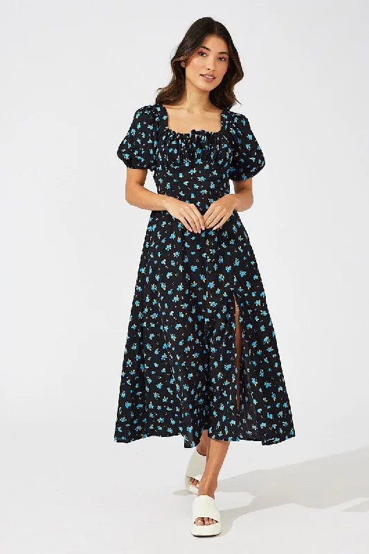 Backless Women Dress for a Sexy and Alluring Look at Evening EventsBlue Floral Midi Dress Puff Sleeve Midi