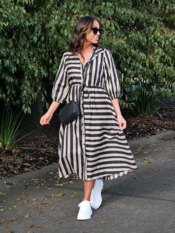 Mermaid - Style Women Dress with a Fitted Silhouette for Special OccasionsBoho Australia Moss Midi Dress Stripe Brown Tan