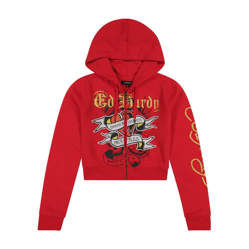 Women's long - sleeve cropped sweatshirt with ribbed cuffs for a snug fitBroken Hearts Cherry Zip Front Cropped Hoodie Women's long - sleeve cropped sweatshirt with ribbed cuffs for a snug fitBroken Hearts Cherry Zip Front Cropped Hoodie