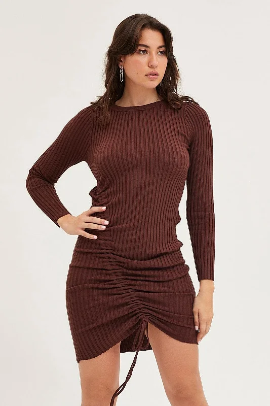 Halter Neck Women Dress to Show Off the Shoulders and NecklineBrown Drawstring Dress Long Sleeve Mini Halter Neck Women Dress to Show Off the Shoulders and NecklineBrown Drawstring Dress Long Sleeve Mini