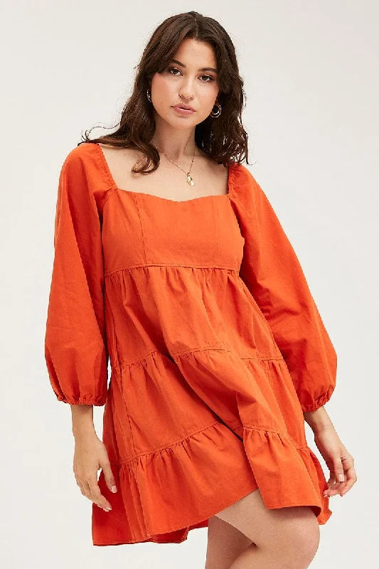 Pleated Women Dress with a Timeless and Elegant TextureBrown Tiered Dress Long Sleeve Mini