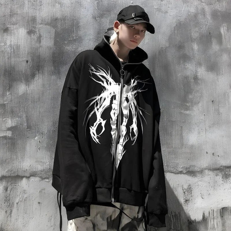 Women's oversized cropped hoodie with drawstrings for a trendy lookCyberpunk Ghost Full Zip-Up Hoodie Women's oversized cropped hoodie with drawstrings for a trendy lookCyberpunk Ghost Full Zip-Up Hoodie