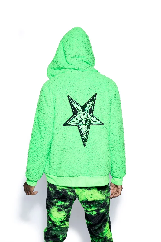 Women's graphic - printed sweatshirt featuring floral patterns for a feminine touchGreen Baphomet - Unisex Sherpa Zip Up Hoodie Women's graphic - printed sweatshirt featuring floral patterns for a feminine touchGreen Baphomet - Unisex Sherpa Zip Up Hoodie