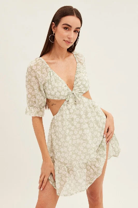 Wrap - Style Women Dress with Adjustable Fit for All Body TypesGreen Floral Cutout Skater Dress Wrap - Style Women Dress with Adjustable Fit for All Body TypesGreen Floral Cutout Skater Dress