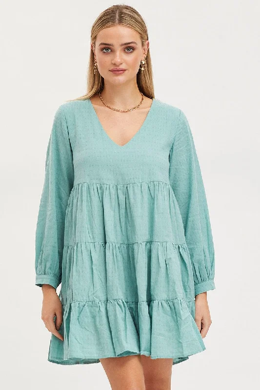 Printed Abstract Women Dress for a Modern and Artistic AppealGreen Smock Dress Long Sleeve Mini