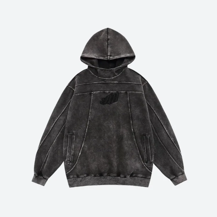 Women's hoodie with a kangaroo pocket and a pom - pom drawstring for added charmGrunge Dark Washed Embroidered Hoodie Women's hoodie with a kangaroo pocket and a pom - pom drawstring for added charmGrunge Dark Washed Embroidered Hoodie