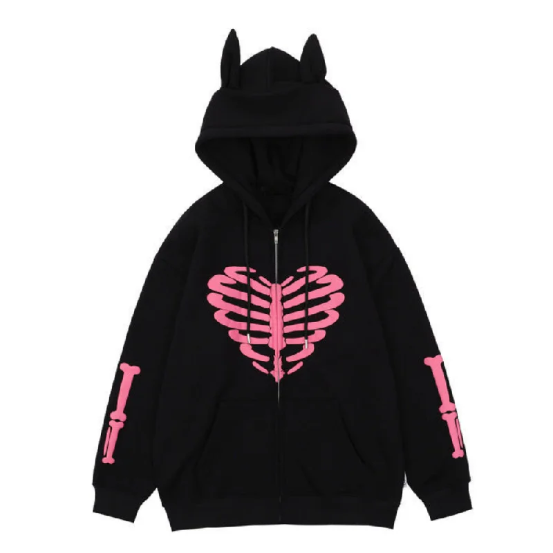 Women's zip - front sweatshirt with contrast stitching for a sporty aestheticHeart-Shaped Skeleton Ears Hoodie