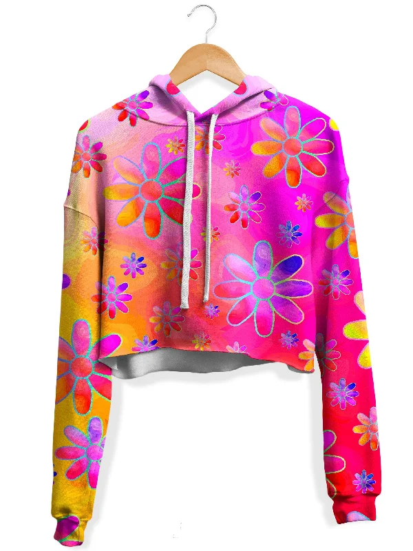 Women's quarter - zip sweatshirt made of organic cotton for eco - conscious fashionHippie Trippy Flowers Fleece Crop Hoodie