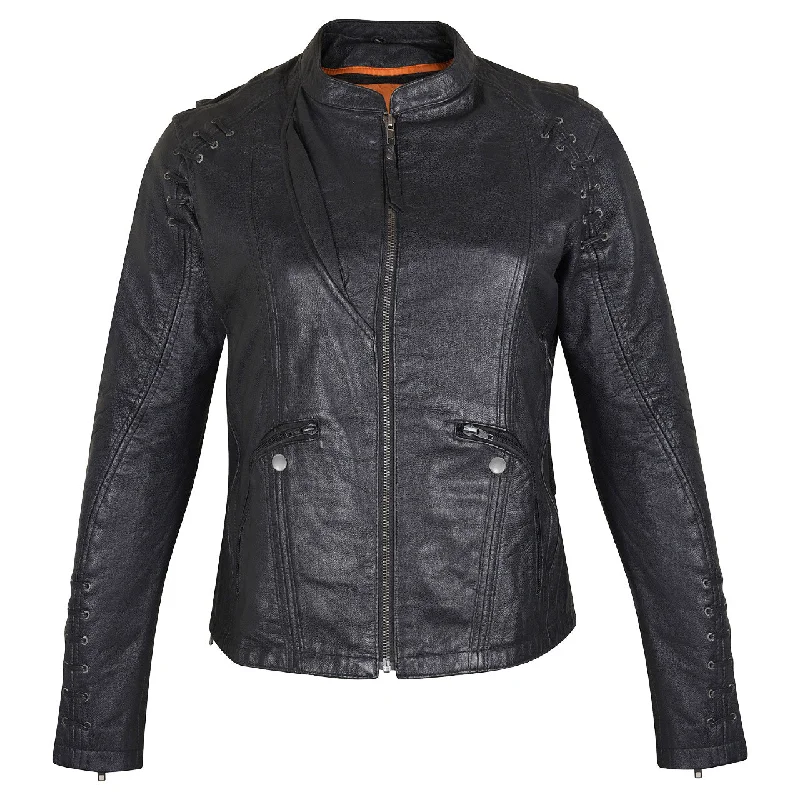 HML638B High Mileage Ladies Lightweight Black Goatskin Jacket w/ Grommeted Twill and Lace Highlights