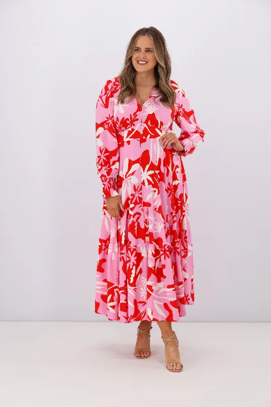 Lace - Embellished Women Dress for an Elegant and Sophisticated AppearanceIris Maxi Olivia LS Midi Dress Pink Red Floral Lace - Embellished Women Dress for an Elegant and Sophisticated AppearanceIris Maxi Olivia LS Midi Dress Pink Red Floral