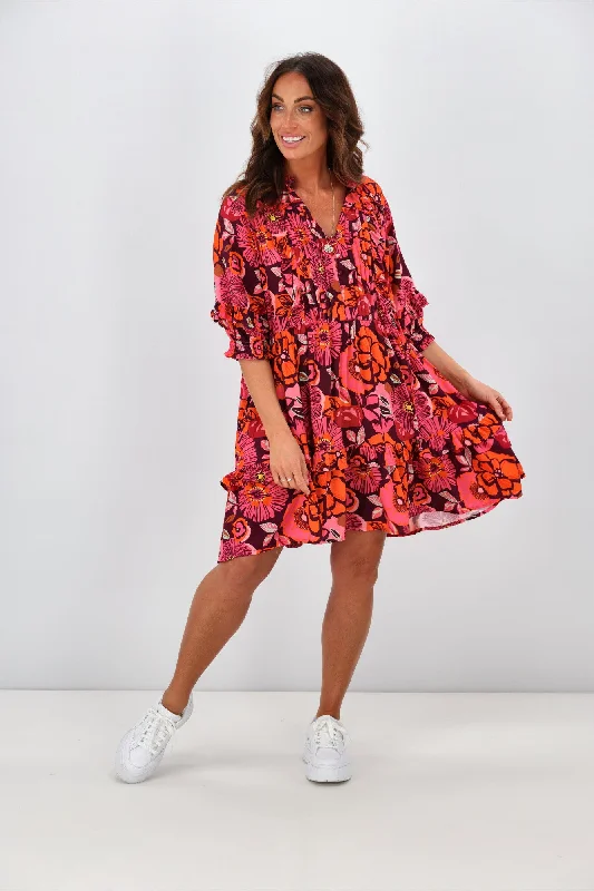 Plus Size Women Dress with a Flattering A - Line Cut for Comfort and StyleJoop & Gypsy Kelly Ruffle Dress Red Flower Print Plus Size Women Dress with a Flattering A - Line Cut for Comfort and StyleJoop & Gypsy Kelly Ruffle Dress Red Flower Print