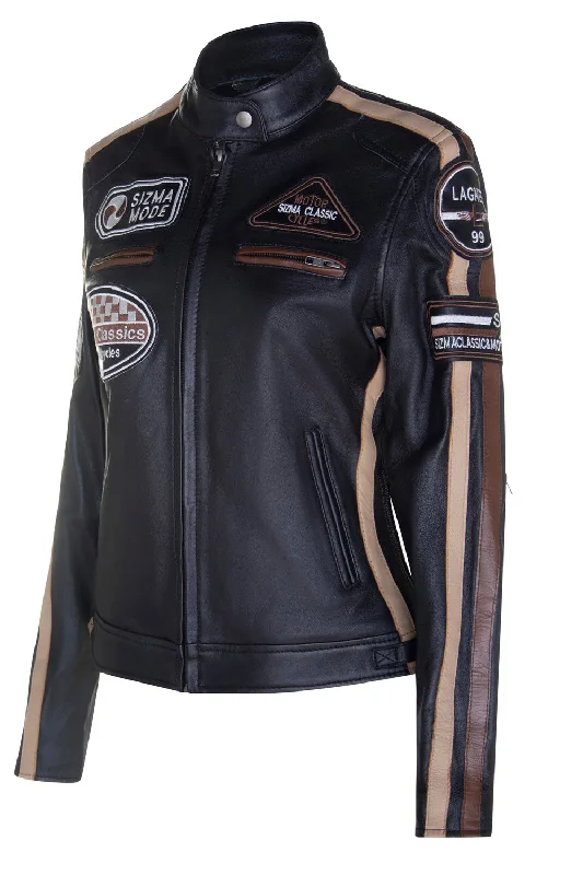 Women's cropped down jackets in bold colors for a sporty and fashionable winter outfitLadies Black Lambskin Racer Style Jacket, Style: Sizma 5011