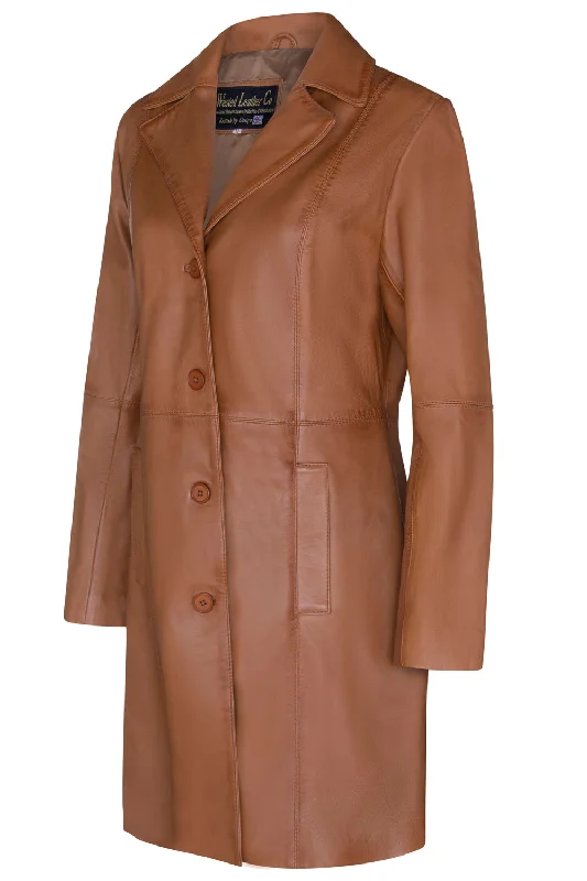 Women's bomber jackets with a holographic finish for a futuristic and eye - catching lookLADIES Tan ¾ LEATHER COAT CLASSIC 3/4 KNEE-LENGTH