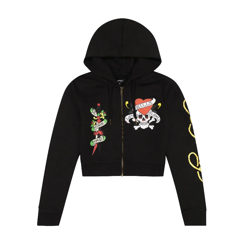 Women's cropped sweatshirt with a slogan graphic for a fun and expressive lookLKS Skull Black Zip Front Cropped Hoodie Women's cropped sweatshirt with a slogan graphic for a fun and expressive lookLKS Skull Black Zip Front Cropped Hoodie