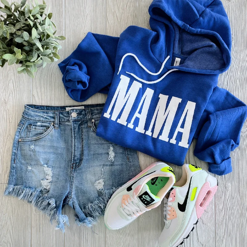 Women's cropped sweatshirt with a slogan graphic for a fun and expressive lookMAMA • Heather Royal Hoodie Women's cropped sweatshirt with a slogan graphic for a fun and expressive lookMAMA • Heather Royal Hoodie