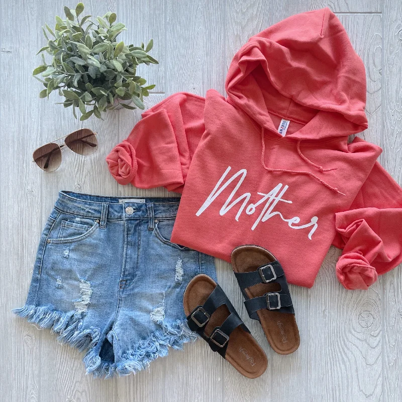 Women's fleece - lined hoodie with thumbholes for warmth in winterMother Script • Coral Hoodie Women's fleece - lined hoodie with thumbholes for warmth in winterMother Script • Coral Hoodie