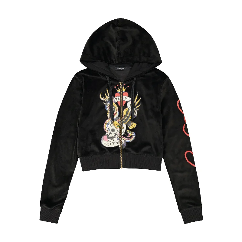 Women's hoodie with a detachable hood for customizable stylingNYC Skull Y2K Velour Hoodie