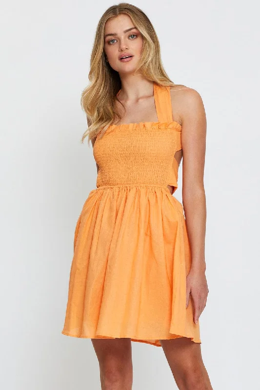 Pleated Women Dress with a Timeless and Elegant TextureOrange Mini Dress Sleeveless