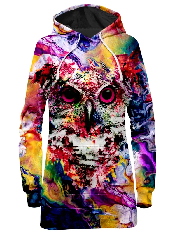 Women's hoodie with a kangaroo pocket and a pom - pom drawstring for added charmOwl Hoodie Dress