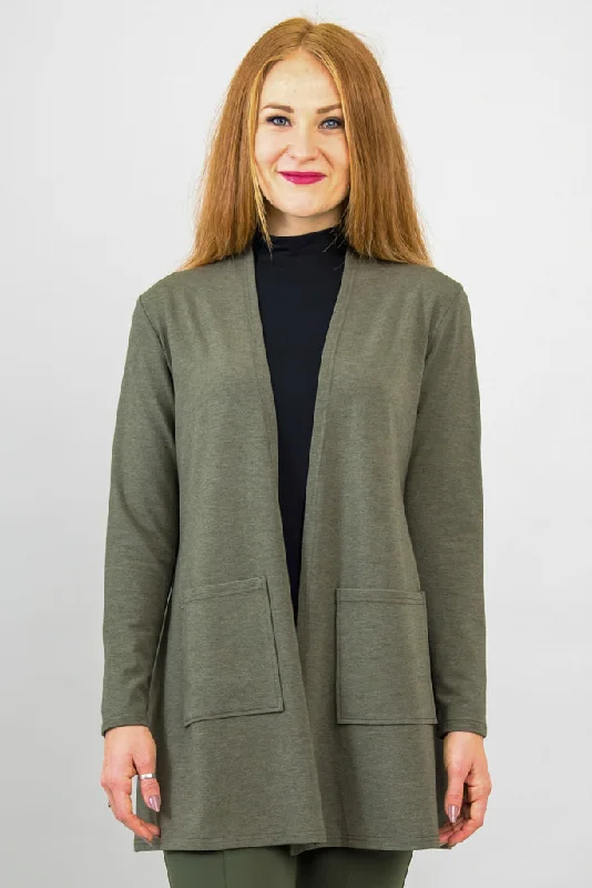Women's long - line cardigan jackets in a soft knit for a cozy and elegant lookPauline Jacket, Yarn Dye Khaki, Bamboo