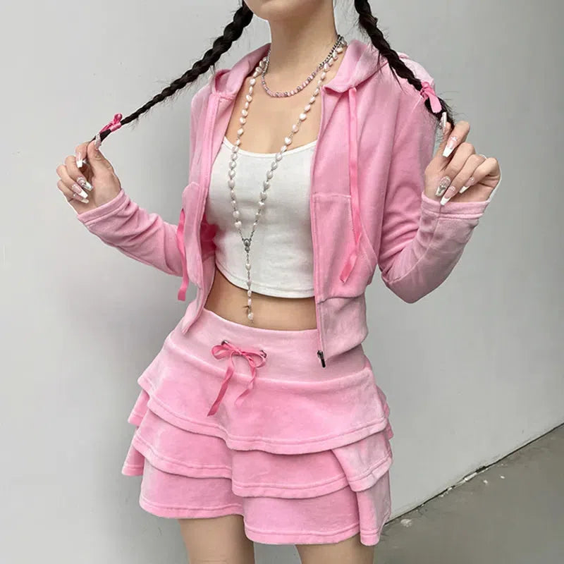 Women's long - sleeve cropped sweatshirt with ribbed cuffs for a snug fitPink Aesthetic Skirt & Hoodie Two Piece Set Women's long - sleeve cropped sweatshirt with ribbed cuffs for a snug fitPink Aesthetic Skirt & Hoodie Two Piece Set