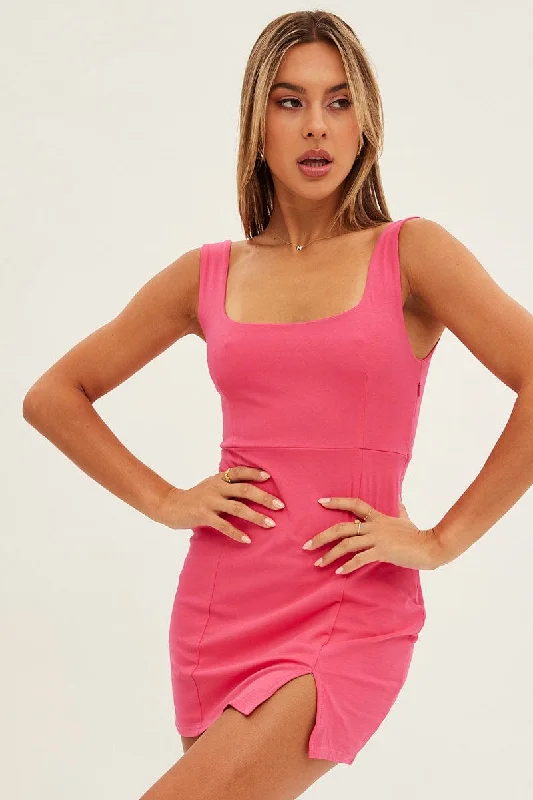 Printed Abstract Women Dress for a Modern and Artistic AppealPink Bodycon Dress Front Split Square Scoop Neck Printed Abstract Women Dress for a Modern and Artistic AppealPink Bodycon Dress Front Split Square Scoop Neck
