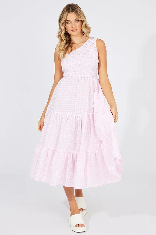 Wrap - Style Women Dress with Adjustable Fit for All Body TypesPink Check Midi Dress One Shoulder