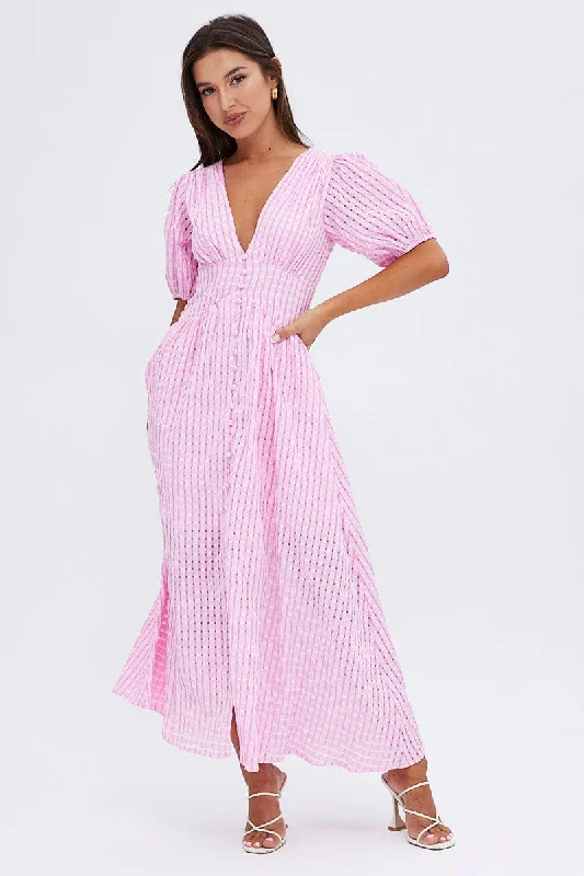 Backless Women Dress for a Sexy and Alluring Look at Evening EventsPink Check Midi Dress Puff Sleeve V-Neck Backless Women Dress for a Sexy and Alluring Look at Evening EventsPink Check Midi Dress Puff Sleeve V-Neck