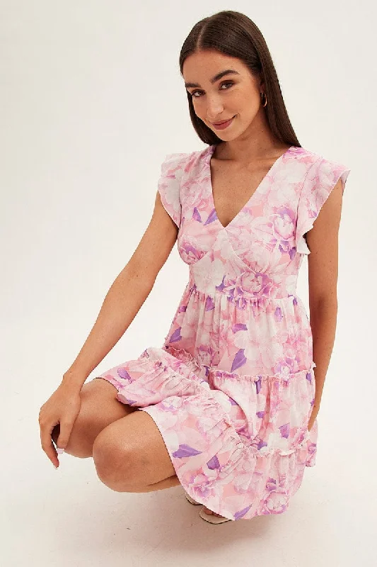 Ball Gown Women Dress with a Full Skirt for a Princess - like LookPink Floral Fit And Flare Dress Sleeveless V-Neck Ball Gown Women Dress with a Full Skirt for a Princess - like LookPink Floral Fit And Flare Dress Sleeveless V-Neck
