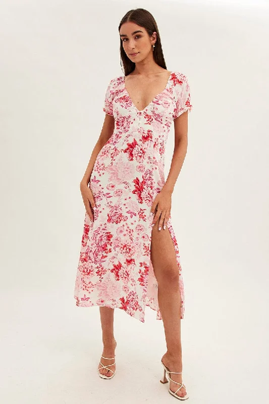 Backless Women Dress for a Sexy and Alluring Look at Evening EventsPink Floral Midi Dress Short Sleeve Sweet Heart Neck Backless Women Dress for a Sexy and Alluring Look at Evening EventsPink Floral Midi Dress Short Sleeve Sweet Heart Neck