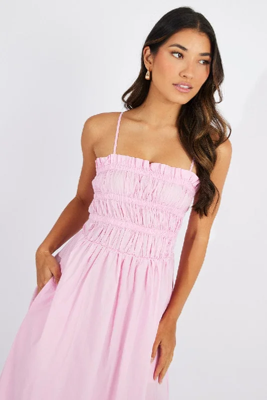 Maxi Women Dress with Floral Print for a Bohemian VibePink Maxi Dress Sleeveless Shirred