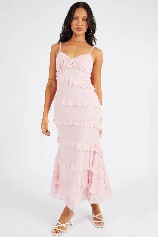 Lace - Embellished Women Dress for an Elegant and Sophisticated AppearancePink Maxi Dress Sleeveless Sweetheart Frill Mesh Lace - Embellished Women Dress for an Elegant and Sophisticated AppearancePink Maxi Dress Sleeveless Sweetheart Frill Mesh