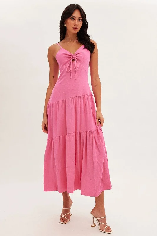 Off - the - Shoulder Women Dress for a Romantic and Feminine LookPink Maxi Dress Sleeveless Tiered Linen Blend Off - the - Shoulder Women Dress for a Romantic and Feminine LookPink Maxi Dress Sleeveless Tiered Linen Blend