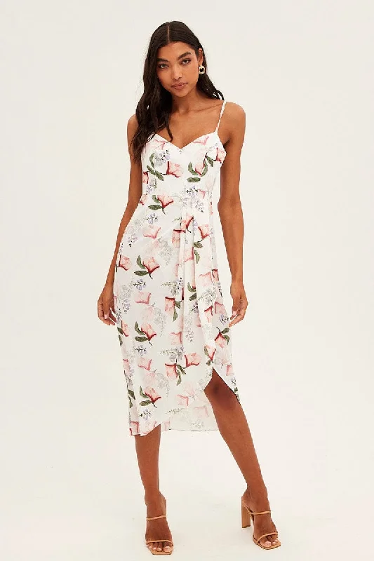 Ball Gown Women Dress with a Full Skirt for a Princess - like LookPrint Midi Dress Sleeveless V Neck Wrap Floral Print Ball Gown Women Dress with a Full Skirt for a Princess - like LookPrint Midi Dress Sleeveless V Neck Wrap Floral Print