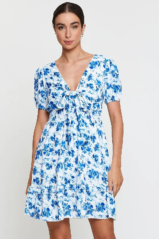 Sleeveless Women Dress in Bright Colors for Summer PartiesPrint Mini Dress Short Sleeve V Neck Tie