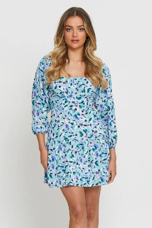 Wrap - Style Women Dress with Adjustable Fit for All Body TypesPrint Mini Dress Square Neck