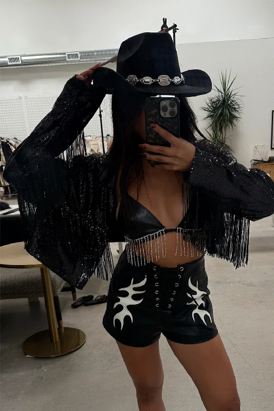 Women's cropped leather jackets with a fringe detail for a western - inspired outfitStar Crossed Black Sequin Jacket