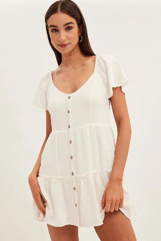 Ruffled Women Dress with Multiple Layers for a Playful and Girly StyleWhite Dress Square Neck Short Sleeve Tiered Button Front