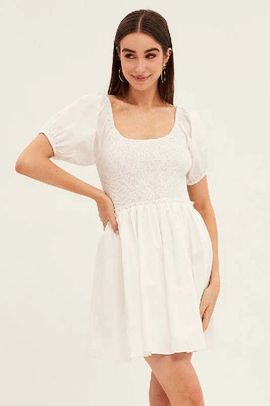 Mini Women Dress with a Short Hem for a Young and Trendy StyleWhite Fit And Flare Dress Puff Sleeve Mini Poplin