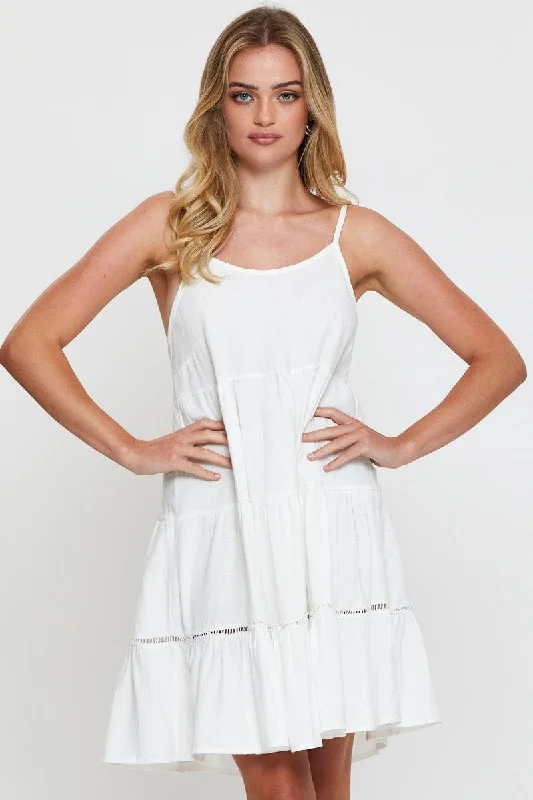 Pleated Women Dress with a Timeless and Elegant TextureWhite Fit And Flare Dress Sleeveless Scoop Neck Pleated Women Dress with a Timeless and Elegant TextureWhite Fit And Flare Dress Sleeveless Scoop Neck