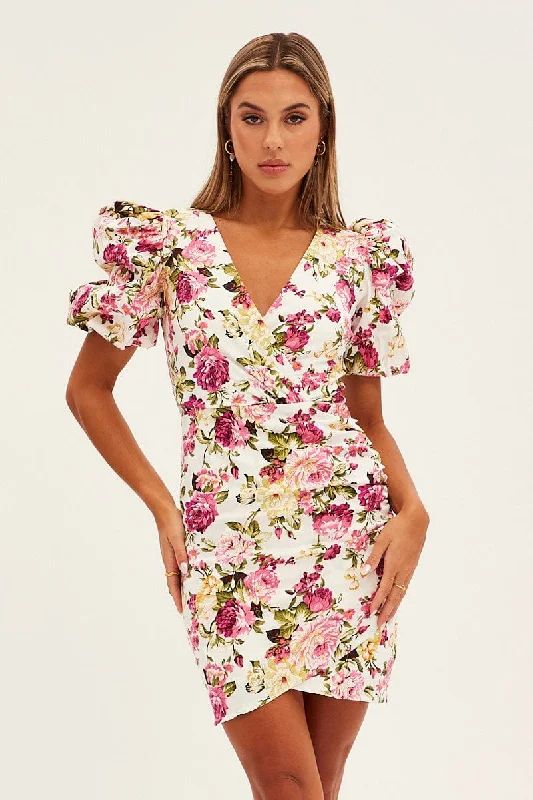Strapless Women Dress with a Built - in Bra for Comfort and SupportWhite Floral Mini Dress Puff Sleeve V-Neck Strapless Women Dress with a Built - in Bra for Comfort and SupportWhite Floral Mini Dress Puff Sleeve V-Neck