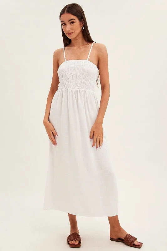Mermaid - Style Women Dress with a Fitted Silhouette for Special OccasionsWhite Maxi Dress With Straps Shirring Linen Blend
